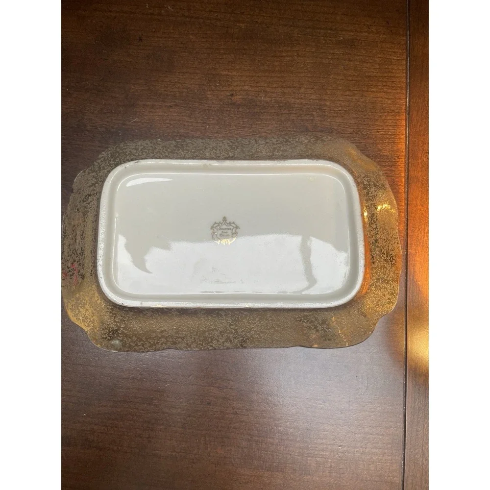 Vtg STOUFFER German SMALL GOLD LEAF Engraved OVER PORCELAIN TRAY Vanity Dish